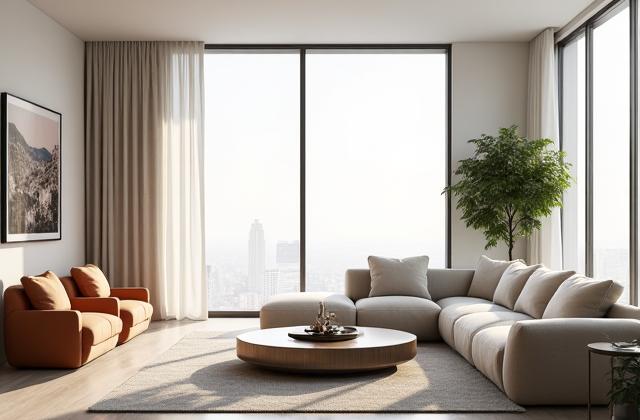 Render di un salotto moderno con illuminazione studiata e texture